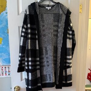 Black & White Plaid Hooded Open-Front Cardigan Sweater